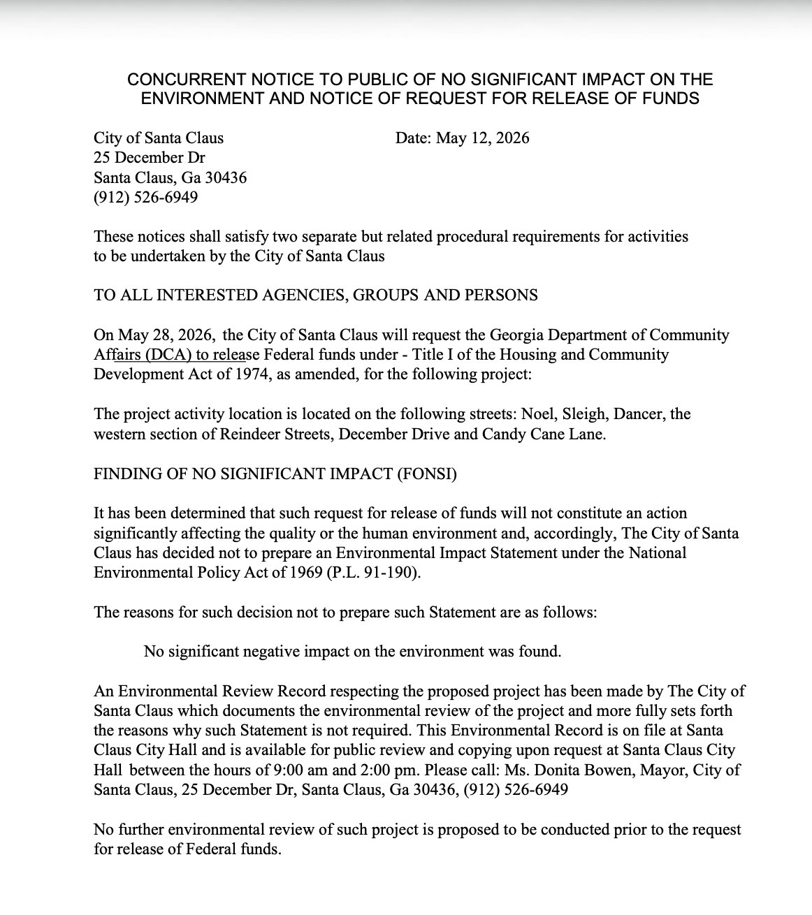 Concurrent Notice to Public of No Significant Impact on the Environment and Notice of Intent to Request Release of Funds, City of Santa Claus, May 12, 2026, page 1